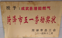 成武县英国上市公司365燃气有限公司获得2014年度“菏泽市五一劳动奖状”及“菏泽市学习型组织标兵单位”称号